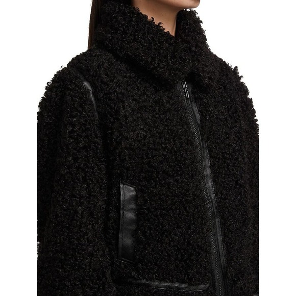 DH New York Palmer Teddy Bomber Jacket Leather Trim Full Zip Black Women's M - Picture 3 of 8